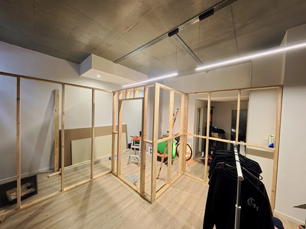Internal timber partition framing and door opening during construction